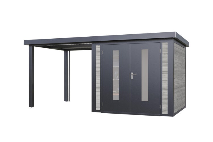 Gartenhaus mit integriertem Carport aus Metall und Holzoptik Elementen mit Doppeltür und Glaseinsätzen