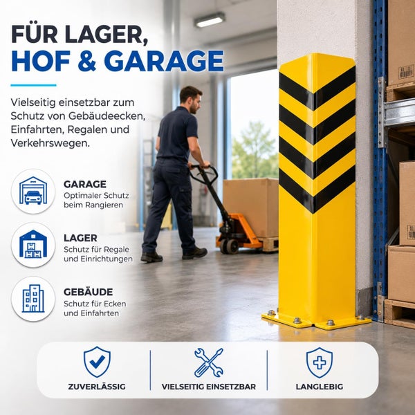 Gelber Rammschutz für Gebäudeecken und Regale in einem hellen Lager, ein Mitarbeiter bedient im Hintergrund einen Hubwagen.