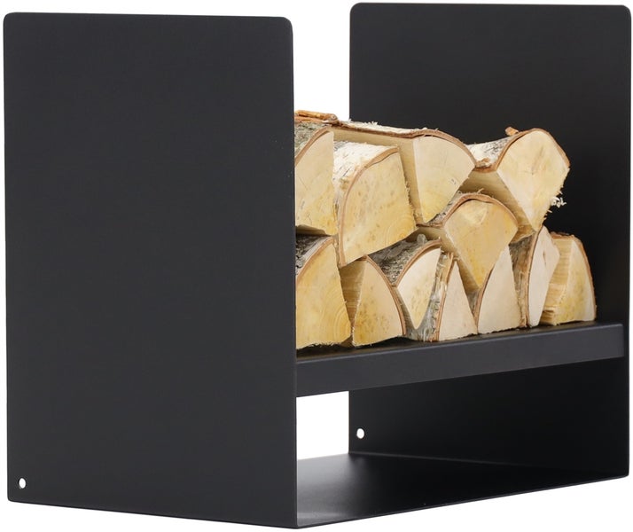 Brennholzregal aus Metall mit Holzscheiten