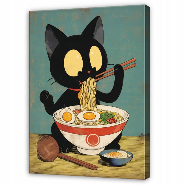 Wandbild mit einer Illustration einer schwarzen Katze, die Ramen mit Stäbchen isst, im Comic Stil.