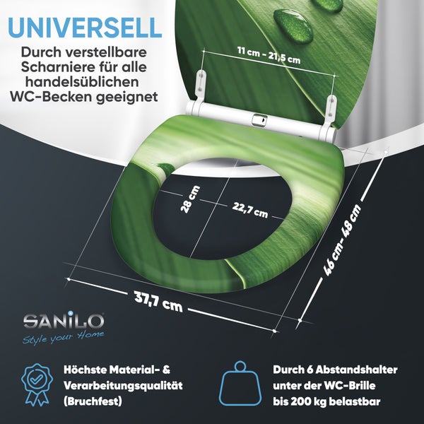 Sanilo WC-Sitz, Blatt-Design, bruchfest. Maße: Breite 37,7, Länge 46 bis 48 Zentimeter. Belastbar bis 200 Kilogramm. Sanilo Logo.
