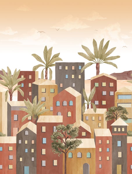 Illustration einer Stadtlandschaft mit Häusern und Palmen