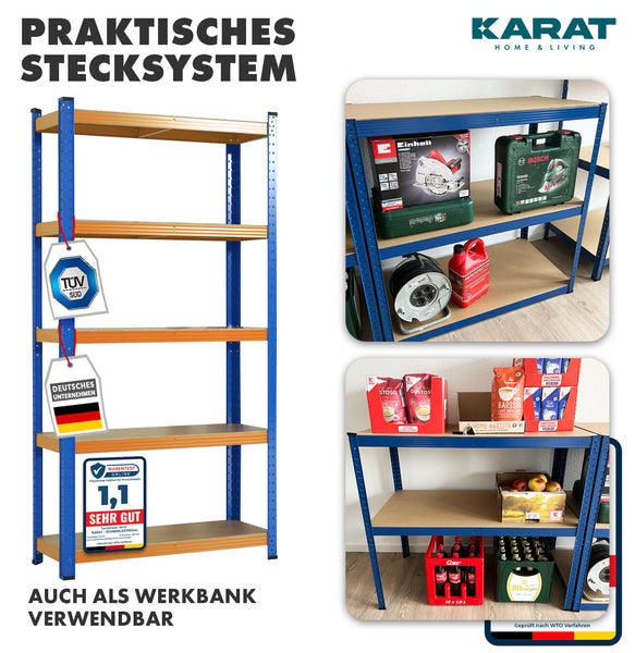 FLOORDIREKT Schwerlastregal - Universal einsetzbar - Blau-Orange - 180 x 90 x 45 cm - Traglast 875 kg