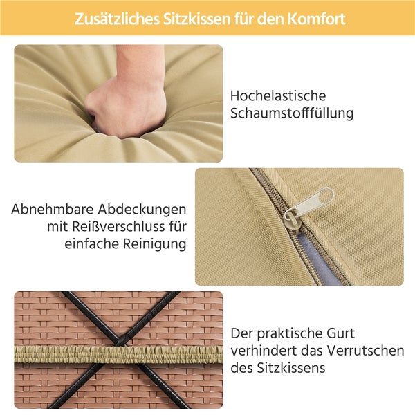 Detailansicht eines Sitzkissens mit hoch elastischer Schaumstofffüllung, abnehmbaren Bezügen mit Reißverschluss und einem Gurt zur Fixierung.