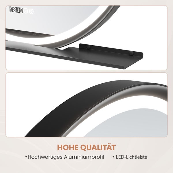 Runder Badezimmerspiegel mit integrierter LED Beleuchtung, digitaler Uhranzeige und Ablagefach mit hochwertigem Aluminiumrahmen.