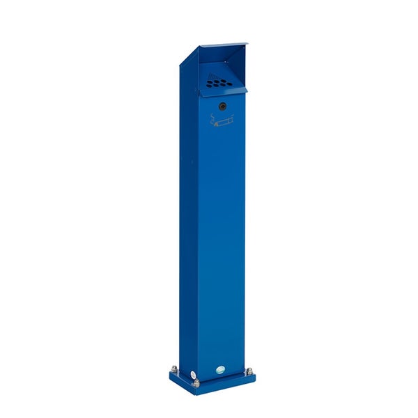 Standascher aus Metall in Blau, rechteckige Säule mit Schutzdach und Bodenplatte.