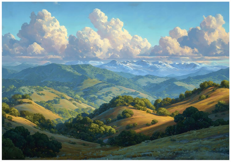 Gemälde einer Landschaft mit Hügeln, Bäumen und Wolken