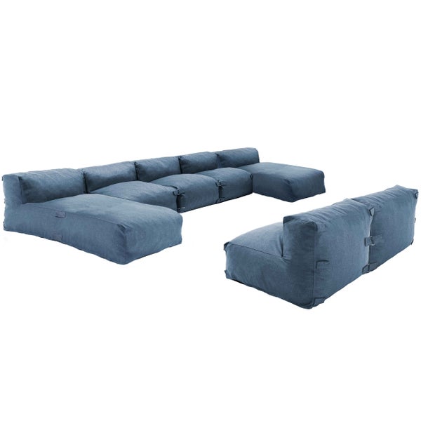 Modulares Lounge-Sofa-Set aus blauem Stoff, bestehend aus einer U-förmigen Sitzgruppe und einem separaten Zweisitzer-Modul.