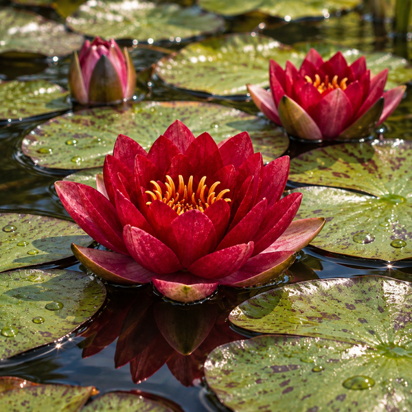 Dunkelrote Seerose in einem Teich mit schwimmenden Seerosenblättern