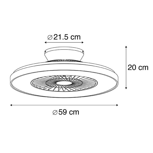 Maßzeichnung eines Deckenventilators mit Licht: Durchmesser 59 Zentimeter, Höhe 20 Zentimeter, Baldachin-Durchmesser 21,5 Zentimeter.