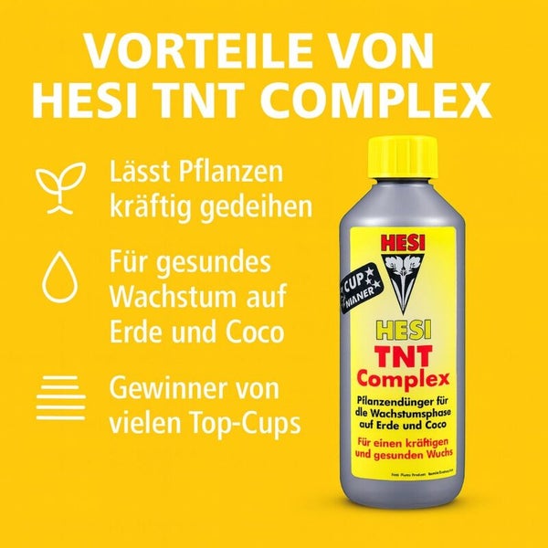 HESI TNT Complex Pflanzendünger für die Wachstumsphase auf Erde und Kokos. Fördert kräftiges Gedeihen, gesundes Wachstum und ist preisgekrönt.