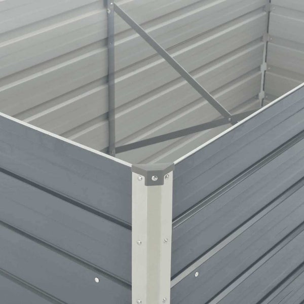 Detailansicht der Metalleckverbindung eines Hochbeets aus Metall mit stabilen Eckpfosten und verschraubten Wandelementen.