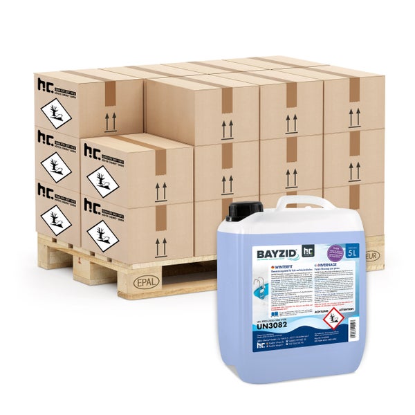 Palette mit Kartons und Kanister Pool-Überwinterungsmittel