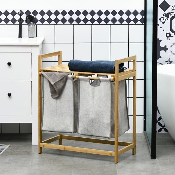 HOMCOM Bambus Wäschekorb 2 Fächer 81,2 L Wäschesammler mit 2 abnehmbaren Wäschesacke, Griff, Plattform, Laundry Baskets Wäschebox, für Waschküche Schlafzimmer Badezimmer Natur
