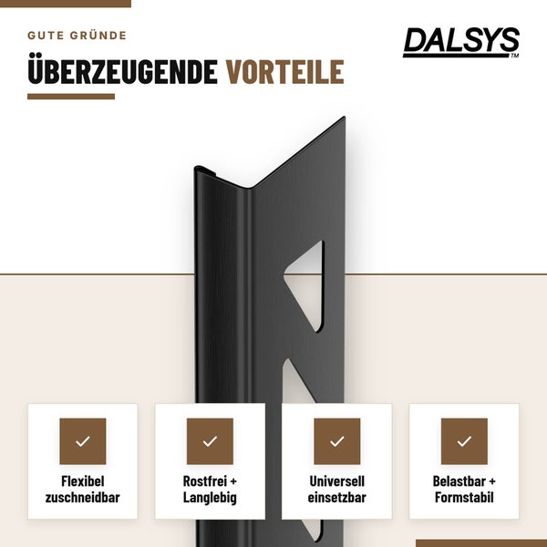 Dalsys Fliesenprofil als Winkelprofil mit Produktvorteilen wie Flexibilität Langlebigkeit universeller Einsetzbarkeit und Formstabilität