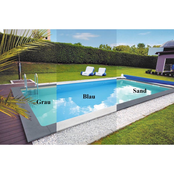 Gartenpool mit verschiedenen Folienfarben Grau, Blau und Sand in einer Außenanlage mit Holzdeck und Kies.