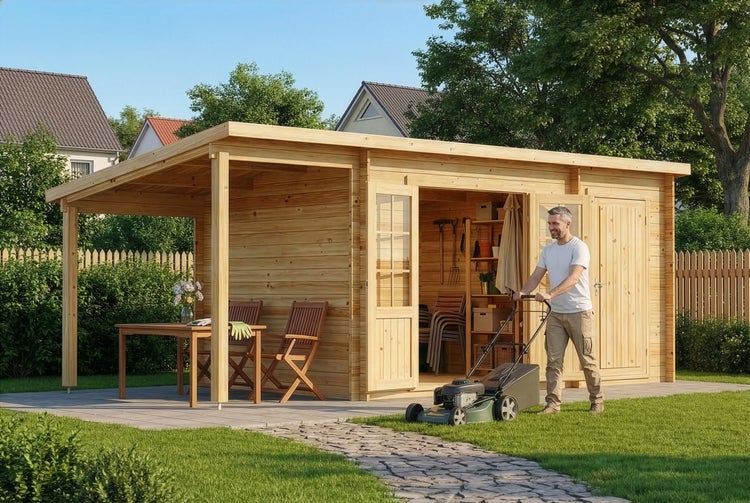 Modernes Gartenhaus aus Holz mit Pultdach, integrierter Terrassenüberdachung, Doppeltür und Geräteraum. Ein Mann mäht davor den Rasen.