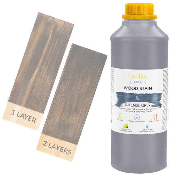 Creative Deco Holzbeize Intensiv Grau 1 Liter, ungiftig und geruchsneutral, mit Anwendungsbeispielen für eine und zwei Schichten auf Holz.