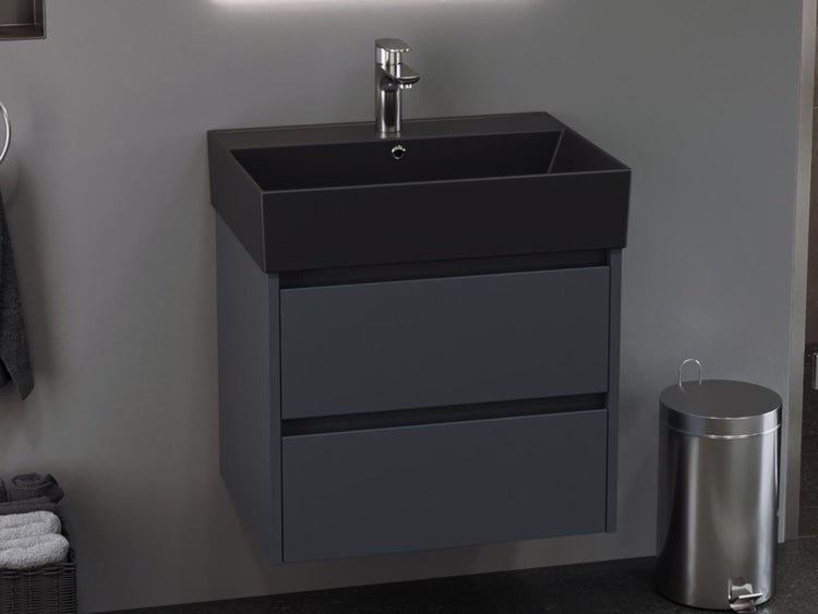 Aqua Bagno Basic Plan Waschbecken 10.16.30.04.04 – 60 x 45 cm – Schwarz Matt – Keramikbecken mit Hahnloch & Überlauf