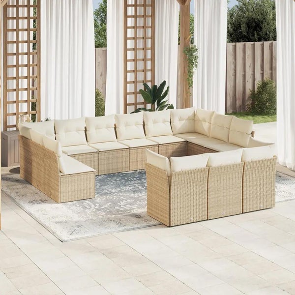 13-tlg. Garten-Sofagarnitur mit Kissen Beige Poly Rattan