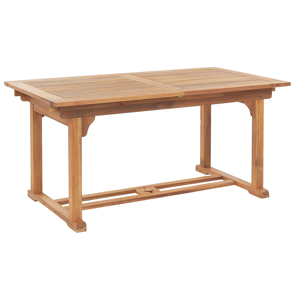 Ausziehbarer Gartentisch aus Holz mit Lattenoberfläche und stabiler Unterkonstruktion.