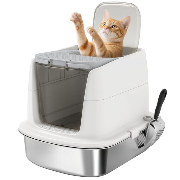 Weiße Katzentoilette mit Haube, Edelstahlschale, Schaufel und einer Katze, die durch die obere Öffnung schaut.