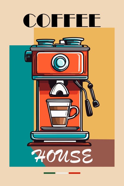 Illustration einer Kaffeemaschine mit Tasse und dem Schriftzug Coffee House