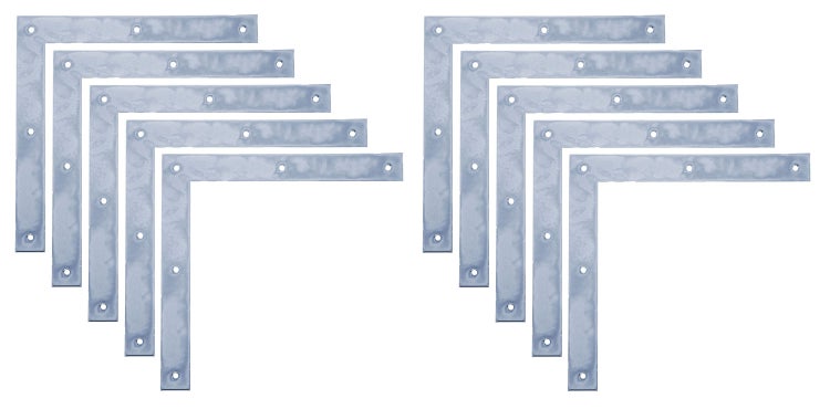 Set aus acht verzinkten Eckverbindern in L-Form aus Stahl mit vorgebohrten Löchern für eine stabile Holzverbindung