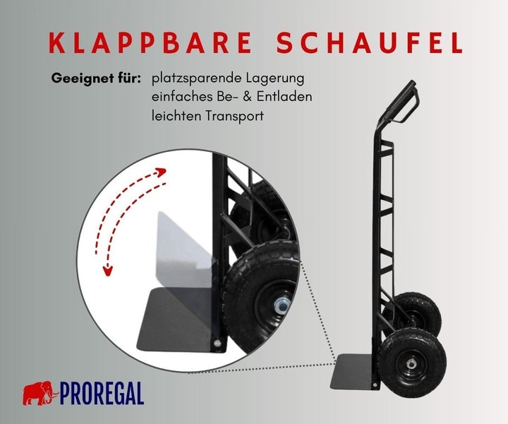 Sackkarre von Proregal mit klappbarer Schaufel für platzsparende Lagerung, einfaches Be- und Entladen sowie leichten Transport.