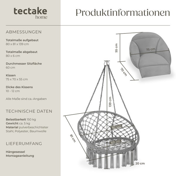 Hängesessel tectake Samira 80 x 81 x 139 cm mit dickem Sitzkissen grau