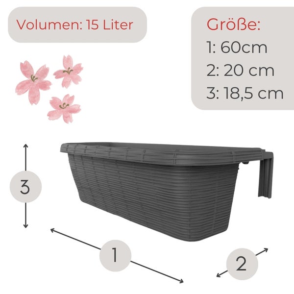 Abbildung eines Balkonkastens mit den Maßen 60 cm Länge, 20 cm Breite und 18,5 cm Höhe sowie einem Volumen von 15 Litern.