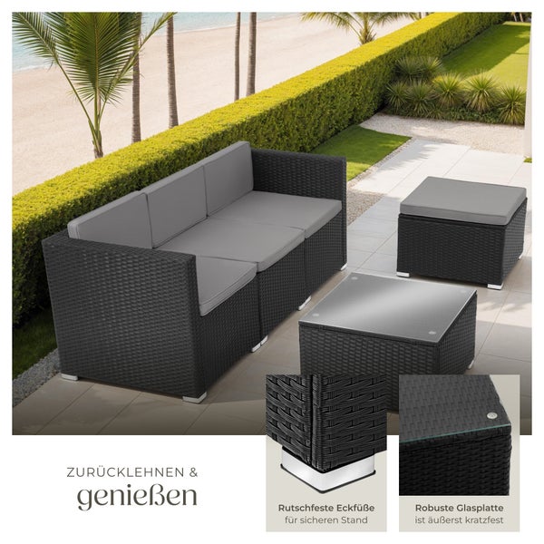 Rattan Lounge tectake Lignano variabel aufstellbar für 3 bis 4 Personen schwarz