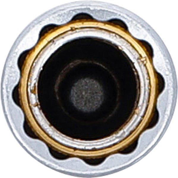 Nahaufnahme eines Zwölfkant-Steckschlüsseleinsatzes mit Innenprofil aus Metall.