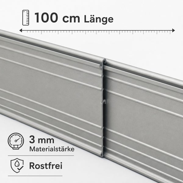 Metallprofil mit 100 Zentimeter Laenge und 3 Millimeter Materialstaerke, rostfrei und korrosionsbestaendig.