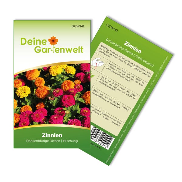 Samentüte Zinnien Dahlienblütige Riesen Mischung von Deine Gartenwelt, Vorder- und Rückseite mit Anbauhinweisen.
