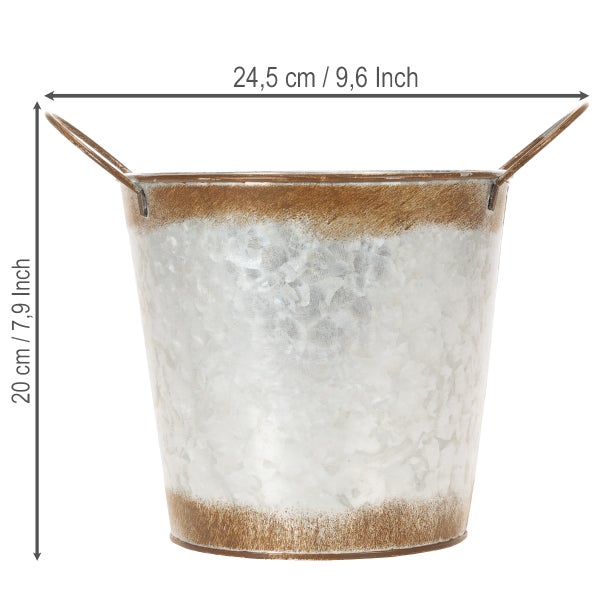 Verzinkter Metalleimer mit Henkeln, Maße 24,5 Zentimeter Breite und 20 Zentimeter Höhe.