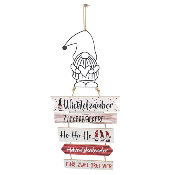 Dekoratives hängendes Weihnachtsschild aus Holz mit Wichtelmotiv und Schriftzügen zur Adventszeit.