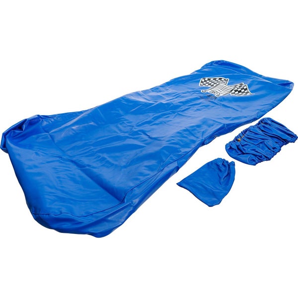 Blaue Trampolinhülle mit Zielflaggendesign