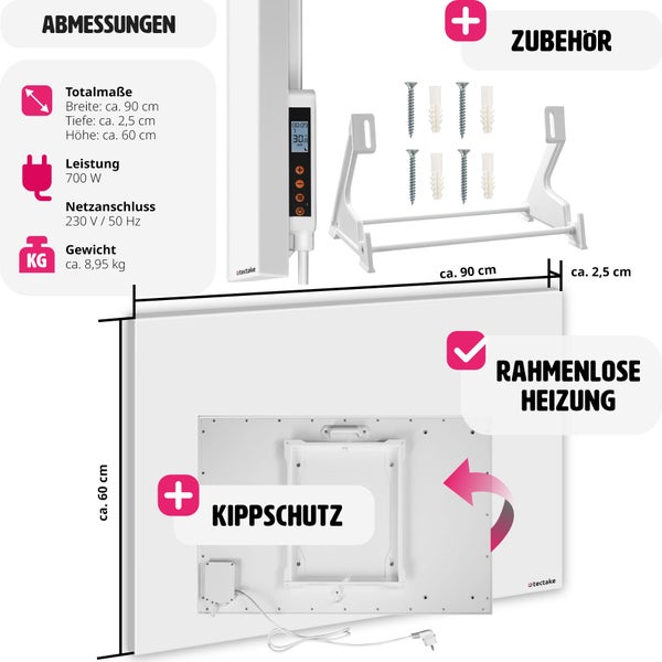Infrarotheizung mit Zubehör, Abmessungen, Kippschutz und rahmenloser Heizung