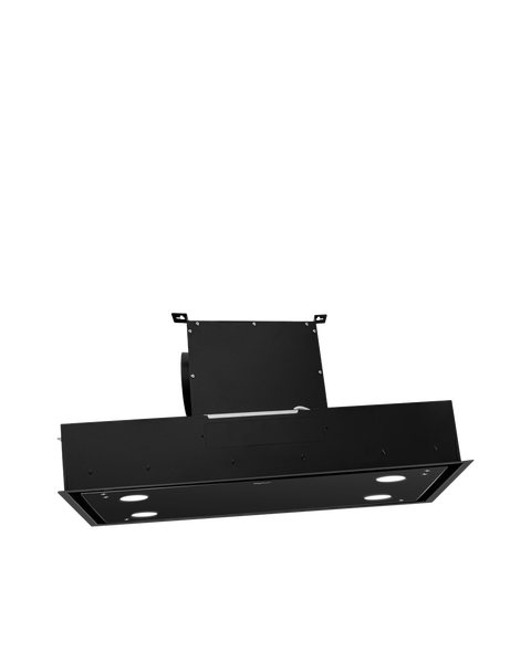 Moderne flache Einbau Dunstabzugshaube zur Deckenmontage mit LED Beleuchtung fuer die Kueche.