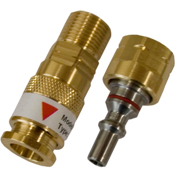 Druckluft-Schnellkupplung und Stecknippel aus Messing und Stahl für Druckluftwerkzeuge.