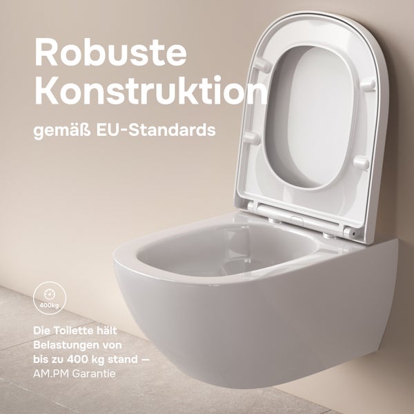 Wandhänge WC mit robuster Konstruktion und Belastbarkeit bis zu 400 Kilogramm gemäß EU Standards für hohe Stabilität.