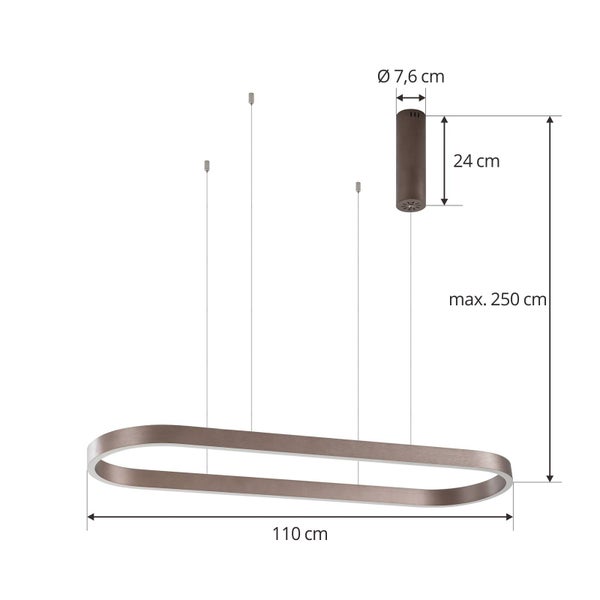 LED-Pendelleuchte oval mit Maßen: Länge 110 Zentimeter, maximale Höhe 250 Zentimeter, Baldachin Durchmesser 7,6 Zentimeter.