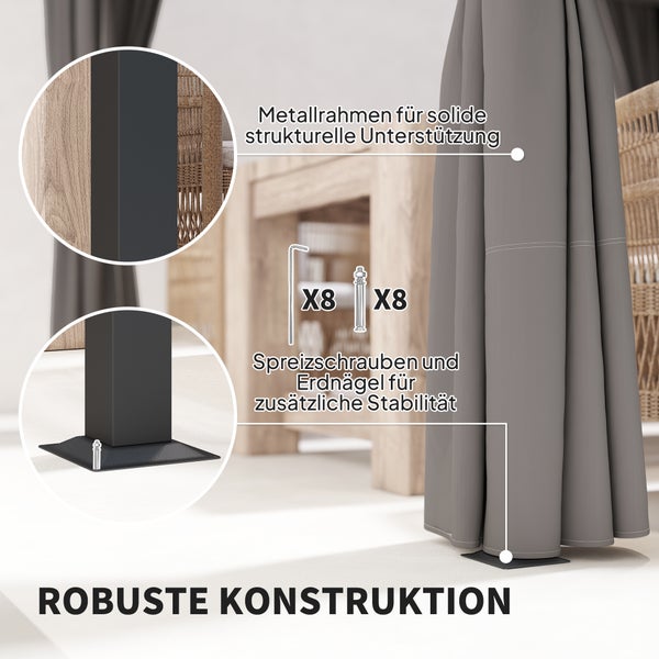 Detailansicht der stabilen Metallrahmenkonstruktion eines Pavillons inklusive Spreizschrauben und Erdnägeln für zusätzliche Standfestigkeit.