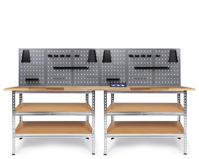 Werkbank mit Lochwand und Regalen zur Werkzeugaufbewahrung