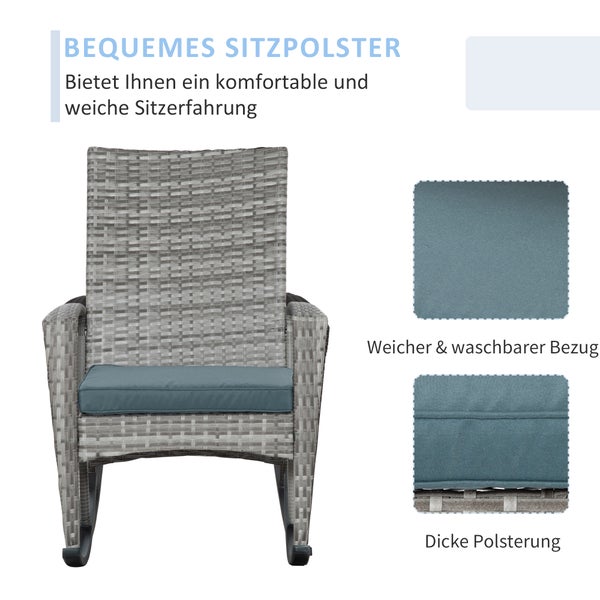 Schaukelstuhl aus grauem Geflecht mit dunklem Sitzkissen sowie Detailansichten der dicken Polsterung und des waschbaren Bezugs.