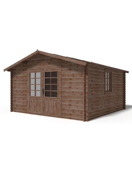 Gartenhaus aus Holz mit Doppeltür und Seitenfenster als Blockhausbauweise