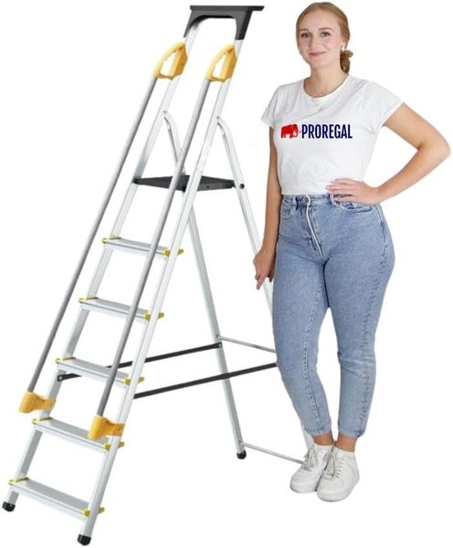 PROREGAL Stufenstehleiter ATLAS mit Werkzeugablage & Handlauf Einseitig Begehbar 6 Stufen Arbeitshöhe 3,19 m Traglast 150 kg
