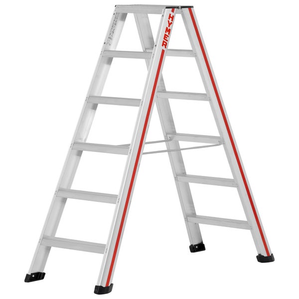 Aluminium Bockleiter mit fünf Stufen und Hymer Logo.