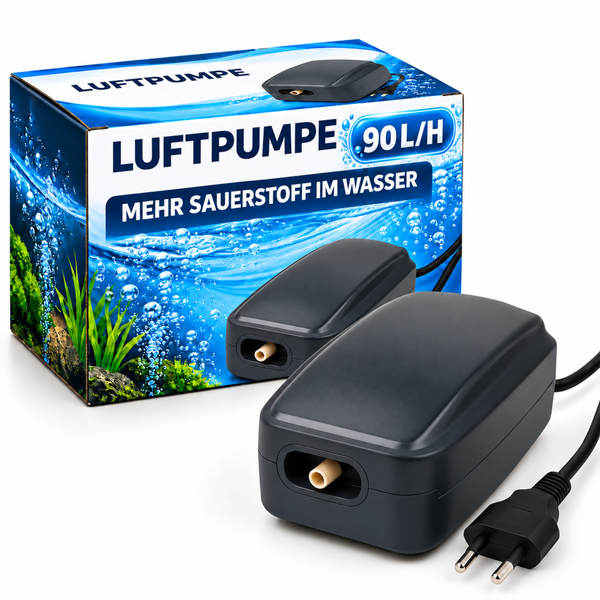 Aquarium Luftpumpe mit einer Leistung von 90 Liter pro Stunde zur Sauerstoffanreicherung des Wassers inklusive Verpackung und Stromkabel